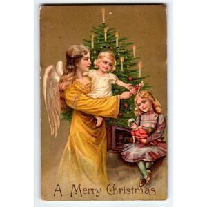 Vintage Angel & Children Christmas Tree Postcard Printed in Germany Embossed